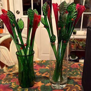 Handmade tall glass, holly with berries